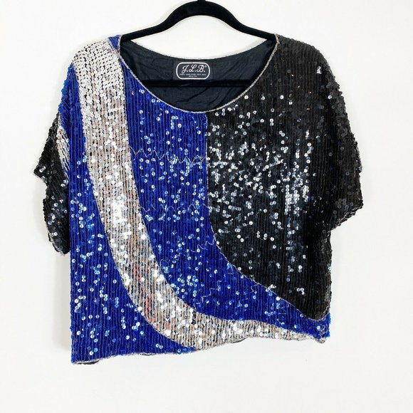 J.L.B. Sequined Top 100% pure Silk lining Vintage crop top blouse - Picture 1 of 7